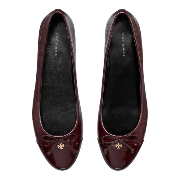Tory Burch Cap Toe Ballet Flats Size 8 Croc Embossed Leather Logo Bow Shoe NIB - Picture 3 of 10